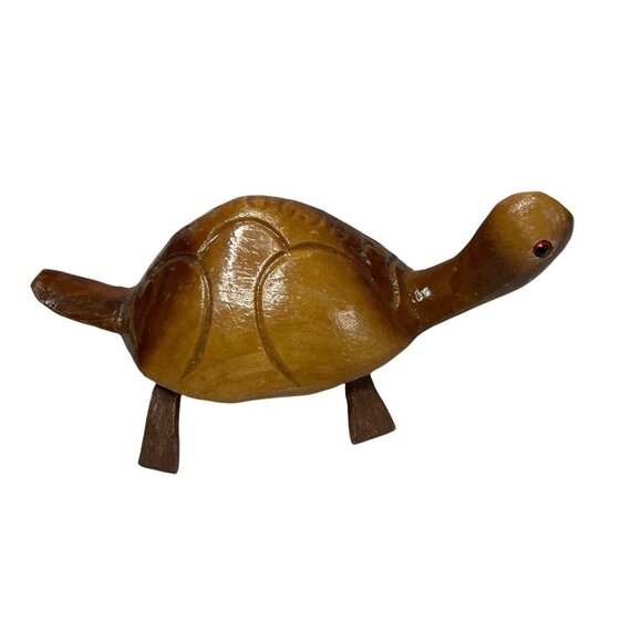 Hand Carved Wooden Turtle with Beaded Eyes Jamaica Souvenir 5" L x 3 W x 1.5" H - Picture 1 of 7